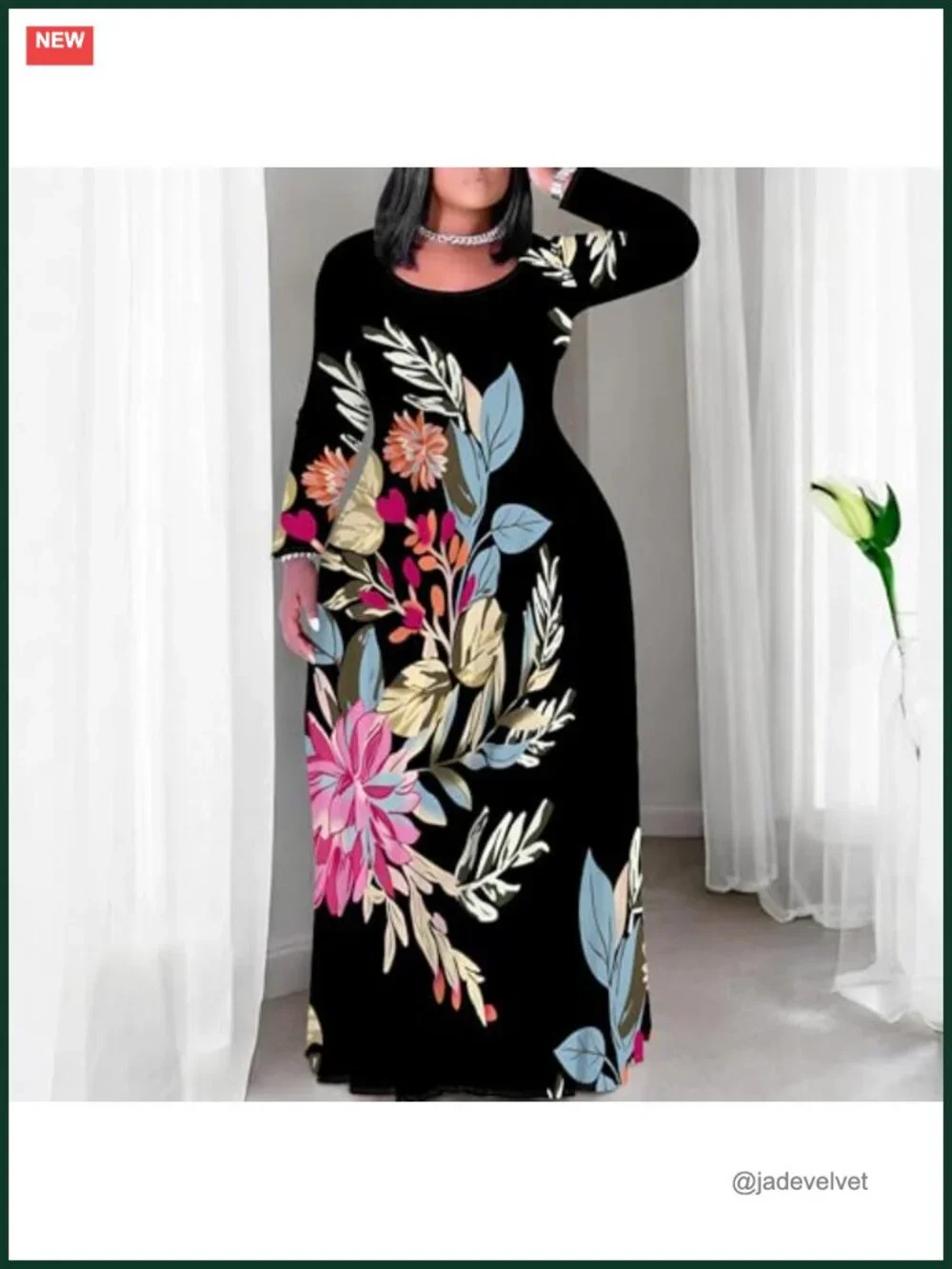 Plus Size Maxi Dress with Pockets, Long Sleeve Bodycon T-Shirt Dress